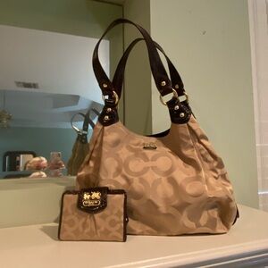 Coach Tan and Brown Shoulder Bag with Gold Hardware